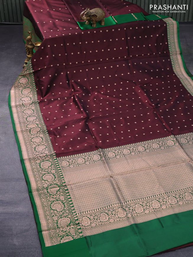 Banarasi katan silk saree deep maroon and green with allover floral zari woven buttas and copper zari woven floral border