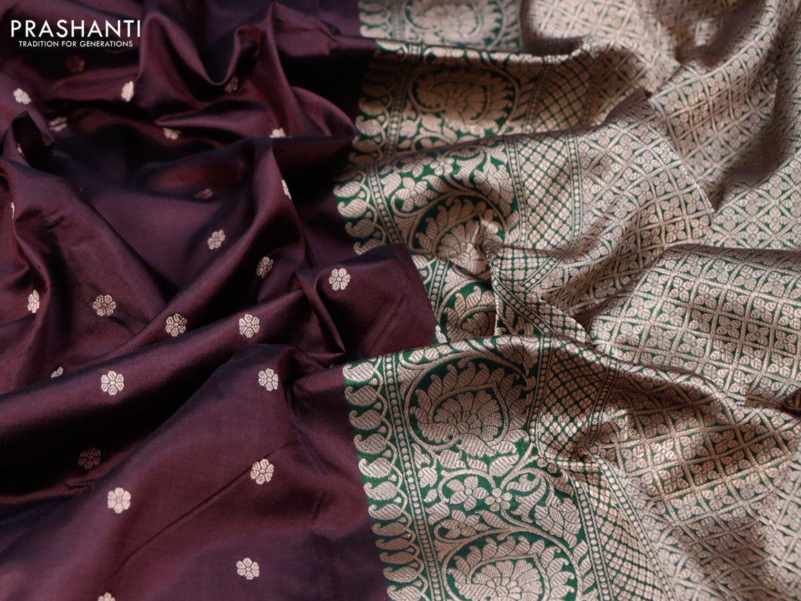 Banarasi katan silk saree deep maroon and green with allover floral zari woven buttas and copper zari woven floral border