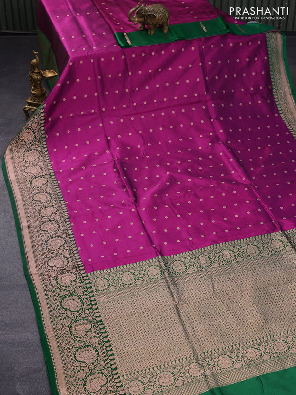 Banarasi katan silk saree purple and green with allover floral zari woven buttas and copper zari woven floral border