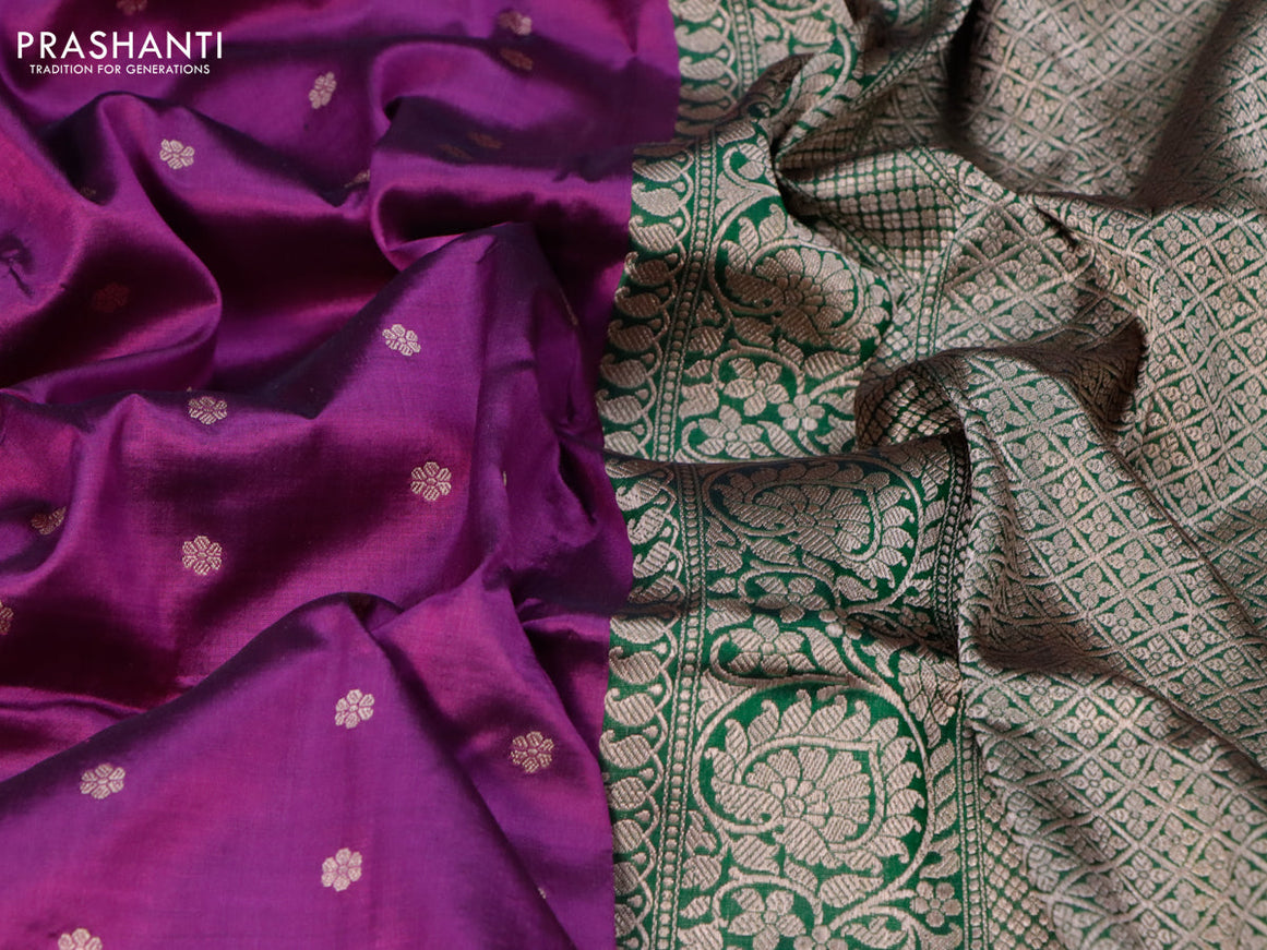 Banarasi katan silk saree purple and green with allover floral zari woven buttas and copper zari woven floral border