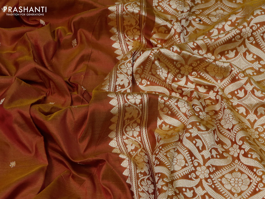 Banarasi katan silk saree rust shade and mustard shade with thread woven buttas and thread woven border