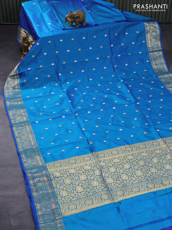 Banarasi katan silk saree dual shade of cs blue with silver & gold zari woven buttas and zari woven floral border