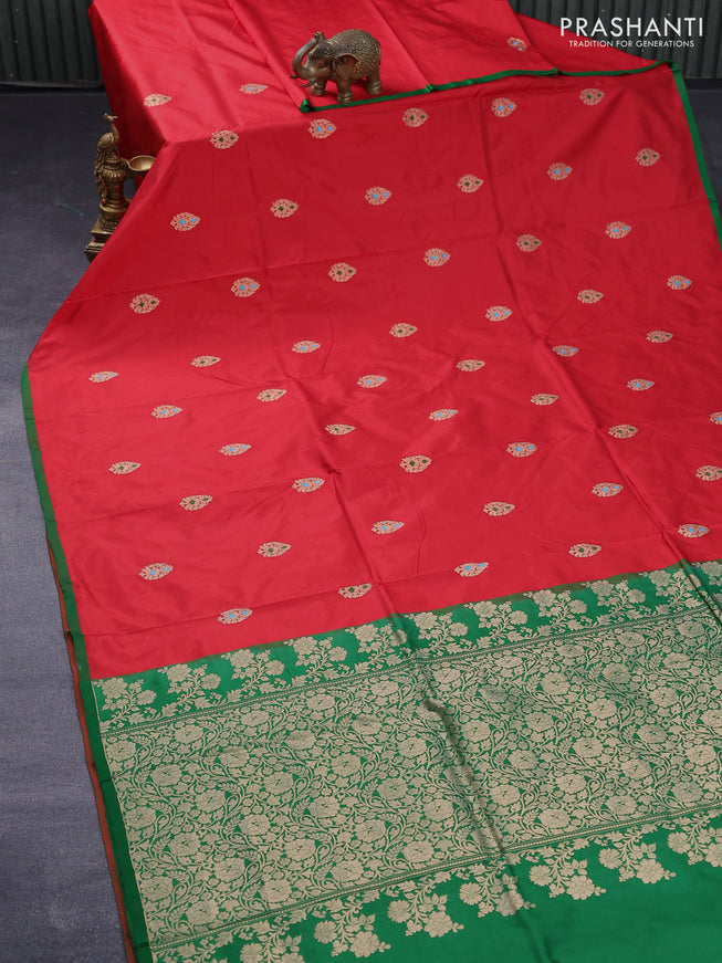 Banarasi katan silk saree red and green with zari woven buttas and piping border