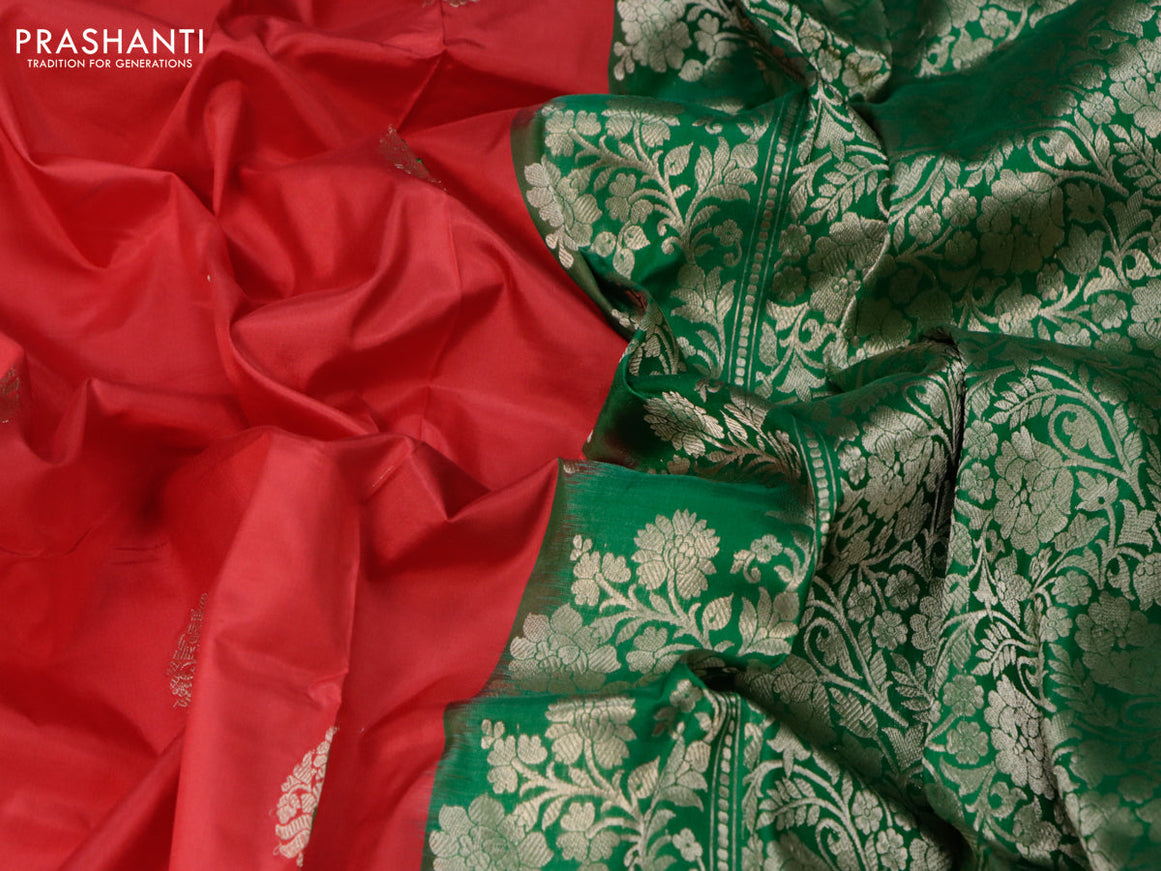Banarasi katan silk saree red and green with zari woven buttas and piping border