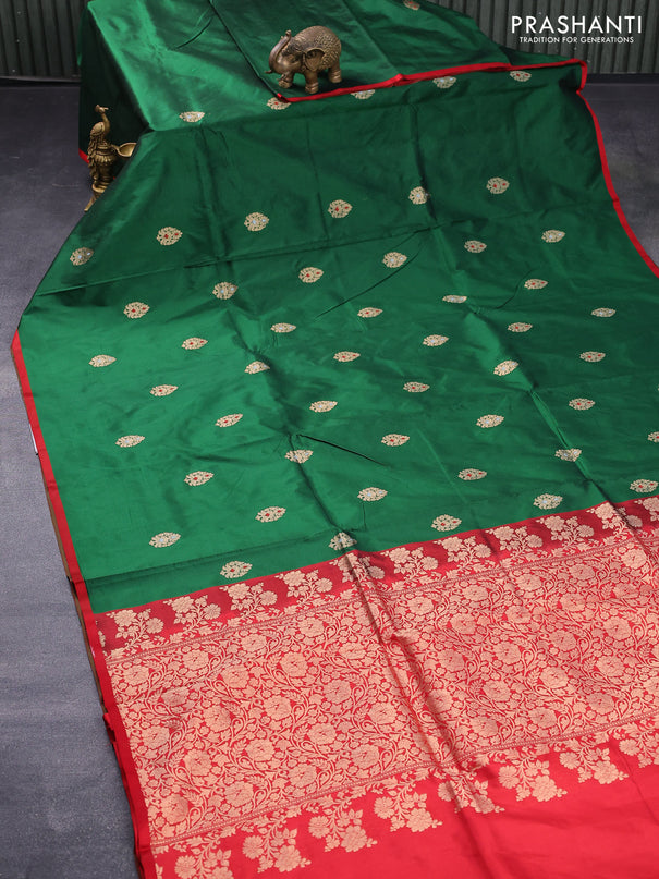 Banarasi katan silk saree green and red with zari woven buttas and piping border