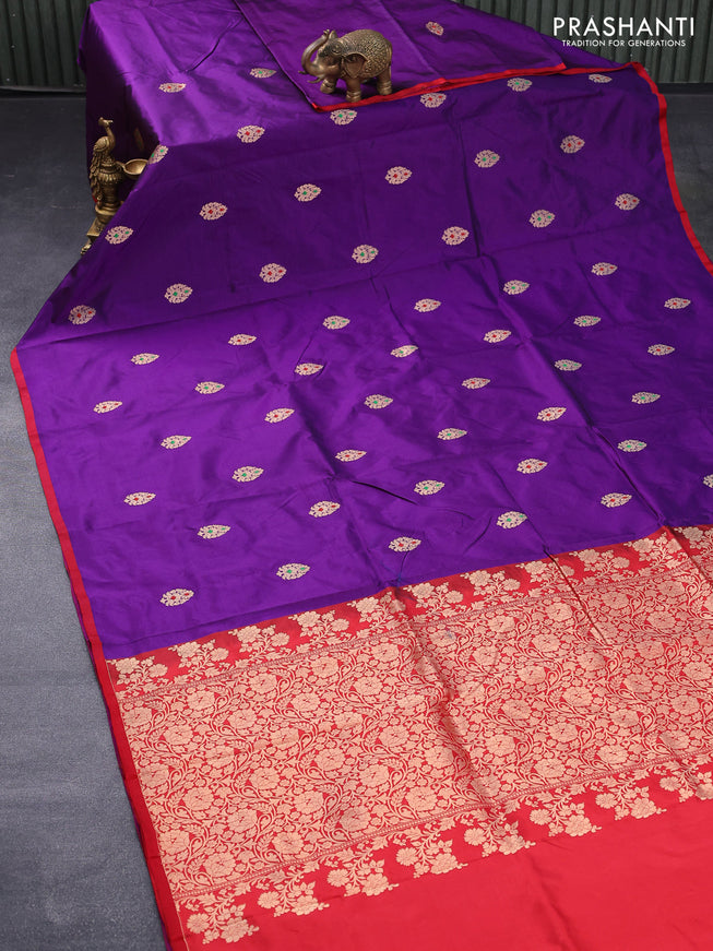 Banarasi katan silk saree violet and red with zari woven buttas and piping border