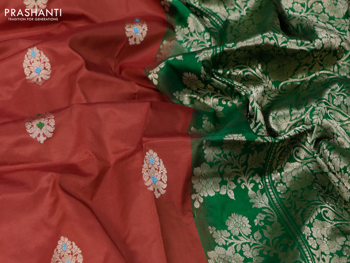 Banarasi katan silk saree rust shade and green with zari woven buttas and piping border