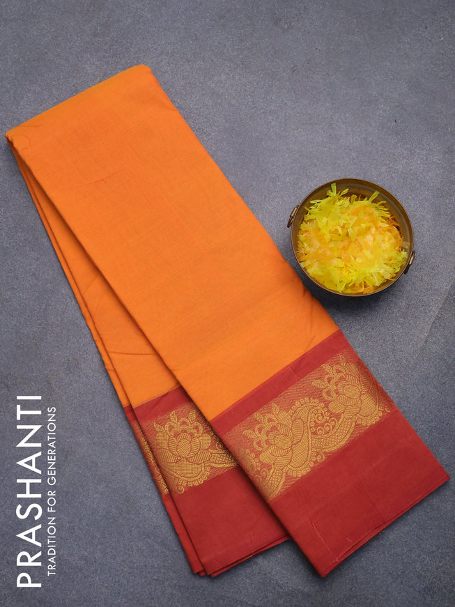 Chettinad cotton saree orange and pink shade with plain body and zari woven simple border without blouse