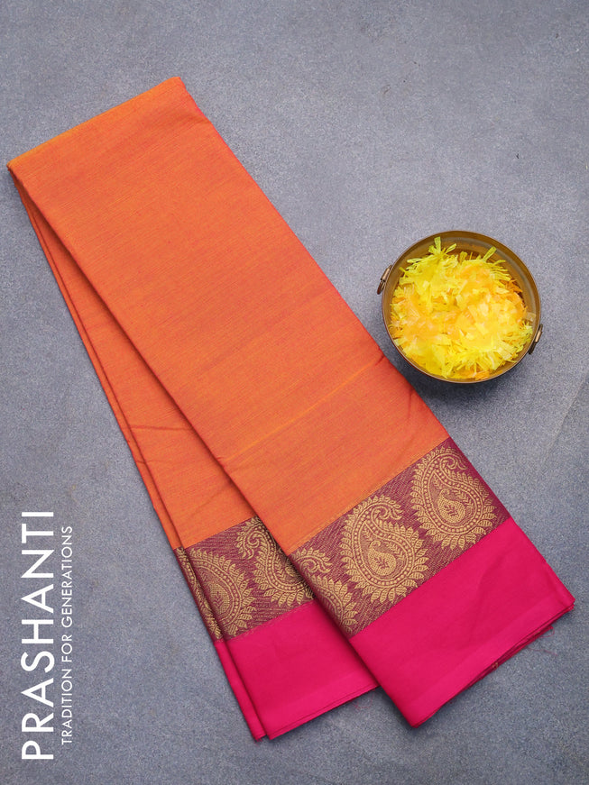 Chettinad cotton saree dual shade of sunset orange and pink with plain body and zari woven simple border without blouse