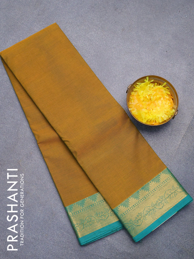 Chettinad cotton saree mustard shade and teal green with plain body and zari woven border without blouse
