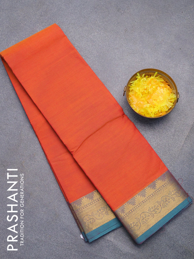 Chettinad cotton saree sunset orange and teal green with plain body and zari woven border without blouse
