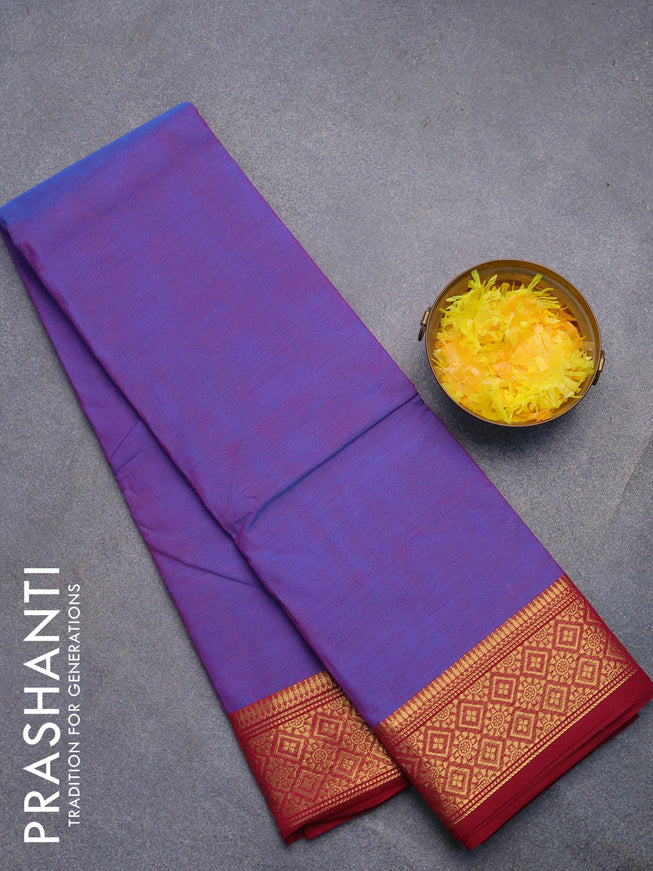 Chettinad cotton saree dual shade of blue and dark pink with plain body and zari woven border without blouse