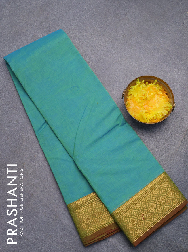 Chettinad cotton saree dual shade of teal blue and dual shade of green with plain body and zari woven border without blouse