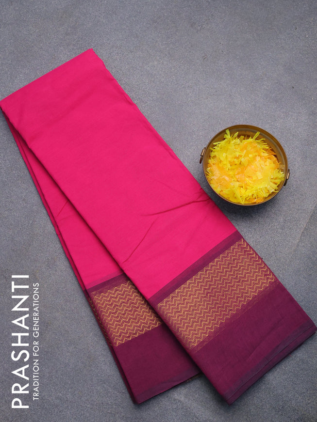 Chettinad cotton saree pink and magenta pink with plain body and zari woven simple border without blouse