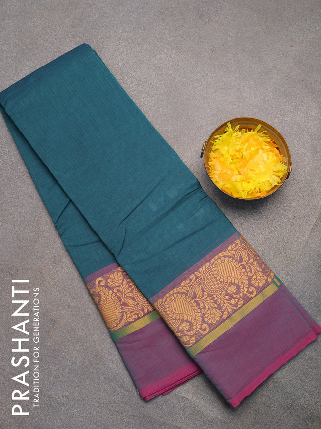 Chettinad cotton saree peacock green and dual shade of magenta pink with plain body and thread woven simple border without blouse