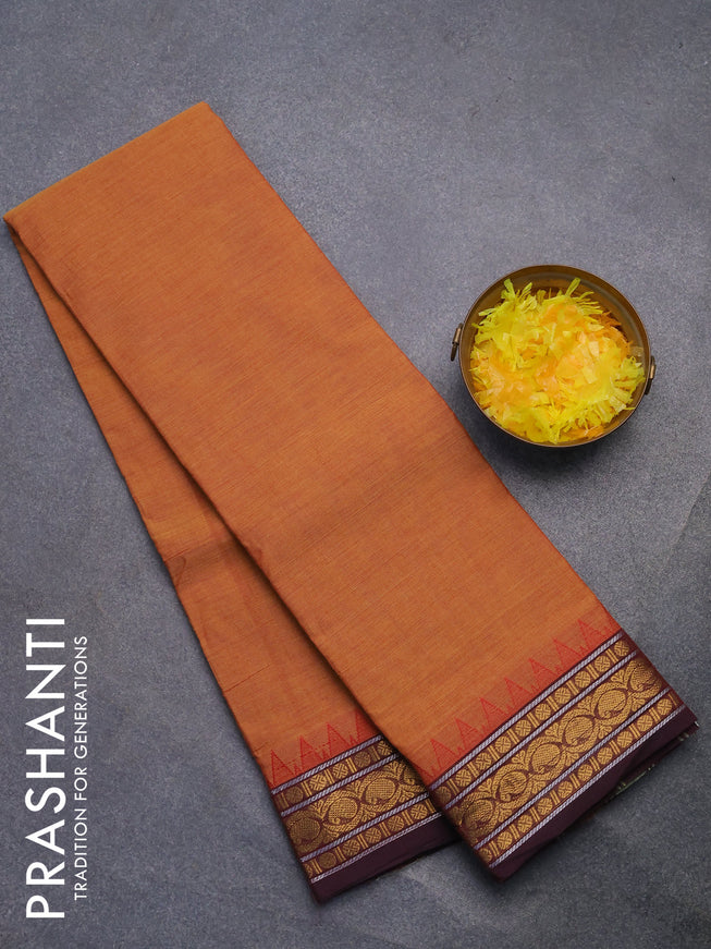 Chettinad cotton saree mustard shade and deep jamun shade with plain body and zari woven border without blouse