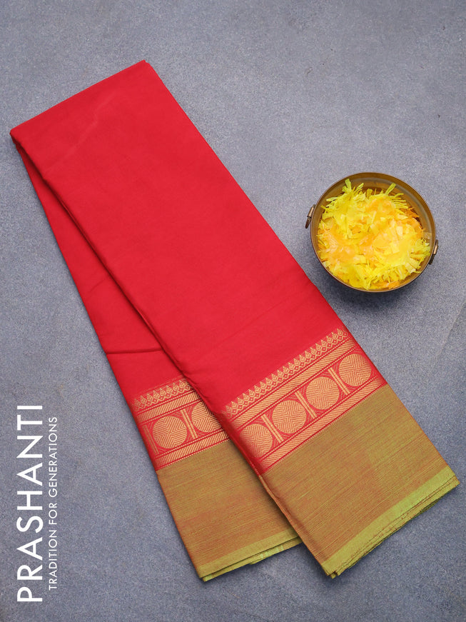 Chettinad cotton saree red and light green shade with plain body and rudhraksha zari woven simple border without blouse