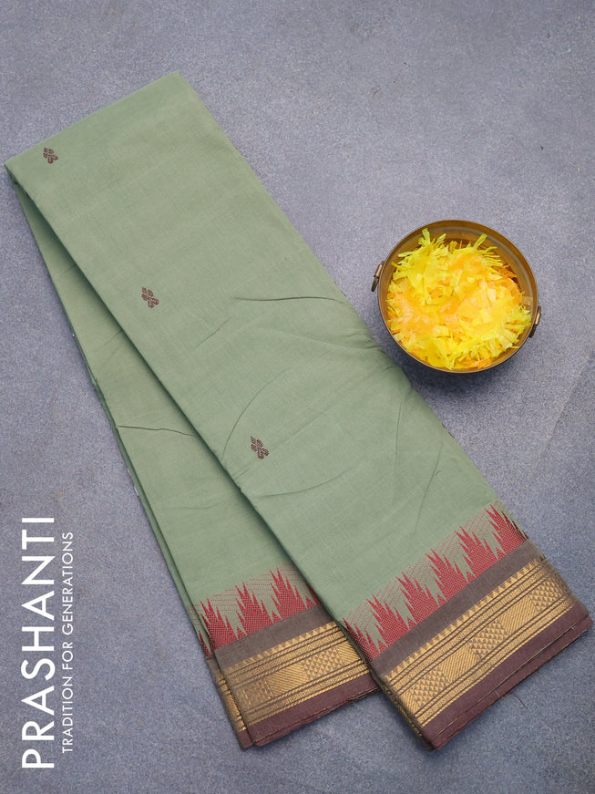 Chettinad cotton saree pastel green and wine shade with thread woven buttas and temple design zari woven border without blouse
