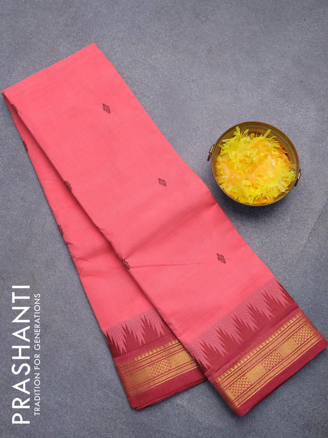 Chettinad cotton saree candy pink and maroon with thread woven buttas and temple design zari woven border without blouse