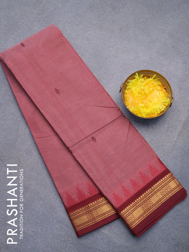 Chettinad cotton saree pastel maroon shade and maroon with thread woven buttas and temple design zari woven border without blouse