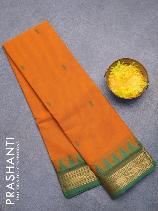 Chettinad cotton saree mustard yellow and green with thread woven buttas and temple design zari woven border without blouse