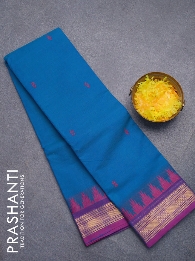 Chettinad cotton saree blue and magenta pink with thread woven buttas and temple design zari woven border without blouse