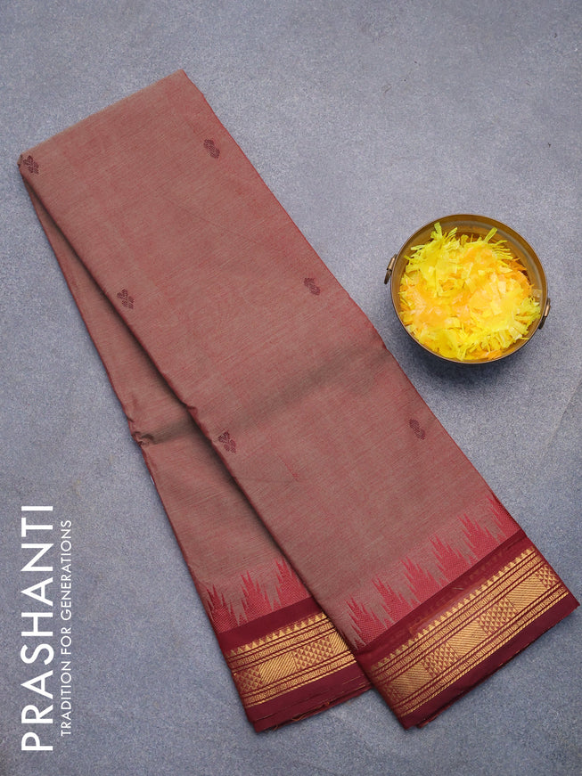 Chettinad cotton saree brown shade and maroon with thread woven buttas and temple design zari woven border without blouse