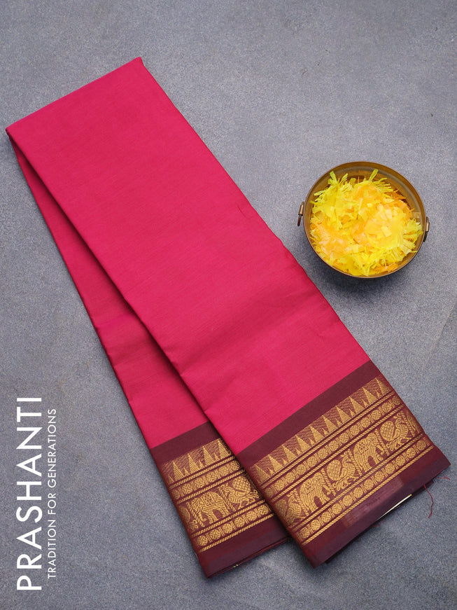 Chettinad cotton saree pink and deep maroon with plain body and zari woven border without blouse