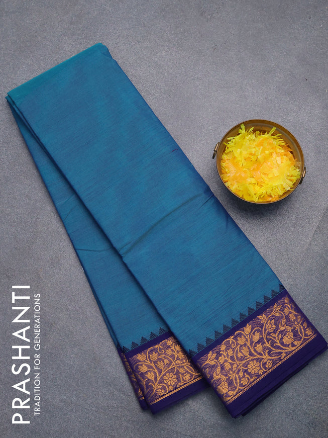 Chettinad cotton saree teal blue and blue with plain body and zari woven border without blouse