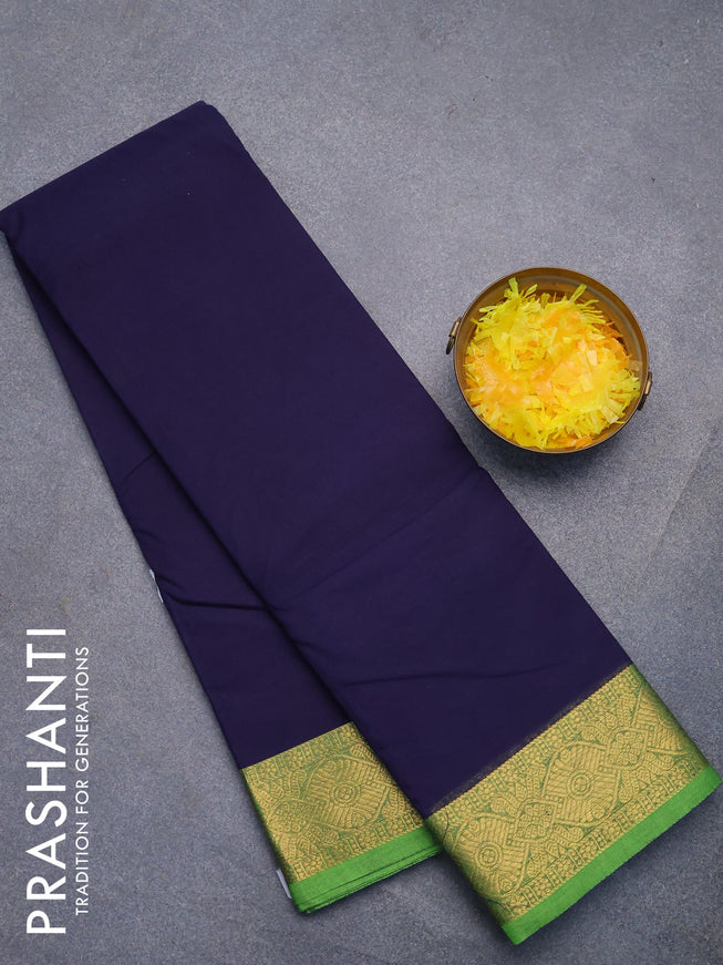 Chettinad cotton saree navy blue and light green with plain body and zari woven border without blouse