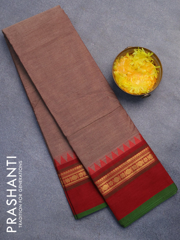 Chettinad cotton saree pastel brown and maroon with plain body and zari woven simple border without blouse