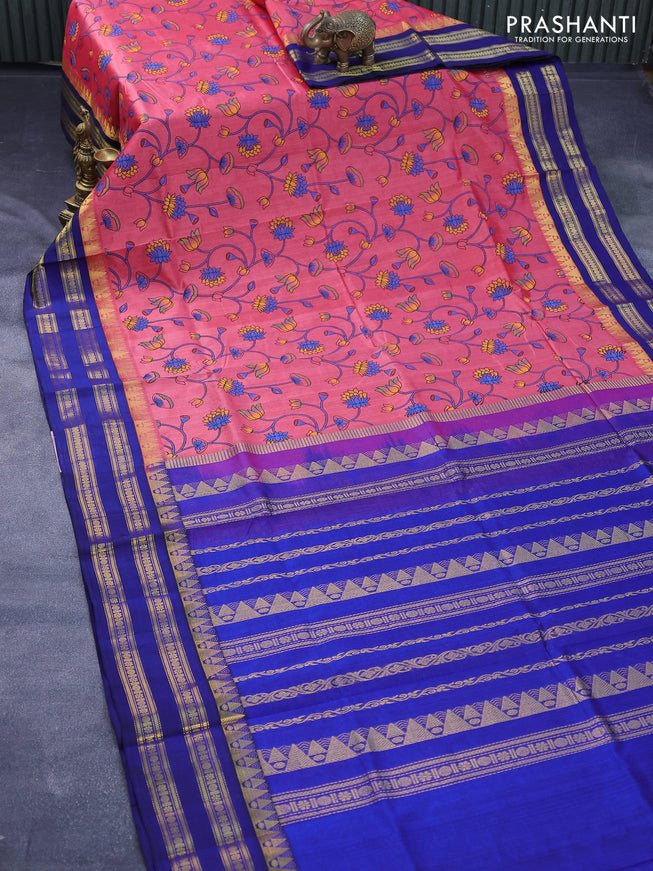 Silk cotton saree pink shade and blue with allover kalamkari prints and rettapet zari woven korvai border