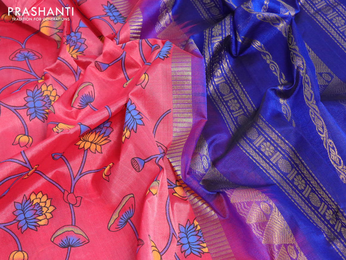Silk cotton saree pink shade and blue with allover kalamkari prints and rettapet zari woven korvai border