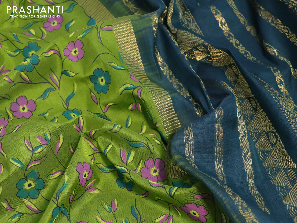 Silk cotton saree light green and dark green with floral prints and rettapet zari woven korvai border
