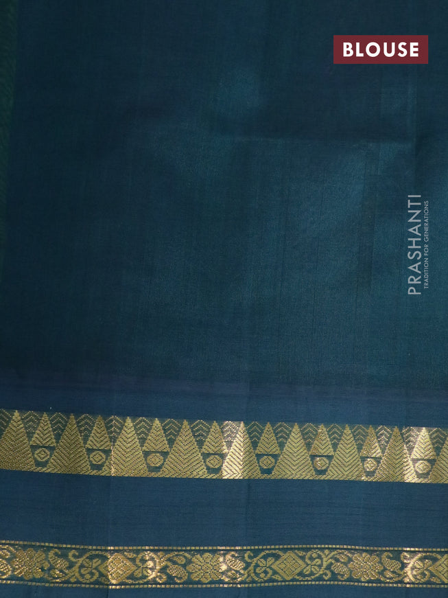 Silk cotton saree light green and dark green with floral prints and rettapet zari woven korvai border