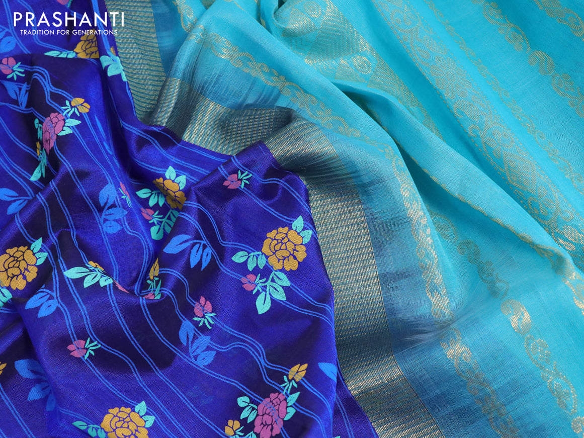 Silk cotton saree blue and teal blue with floral prints and rettapet zari woven korvai border
