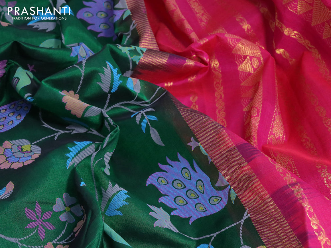 Silk cotton saree green and pink with allover prints and rettapet zari woven korvai border