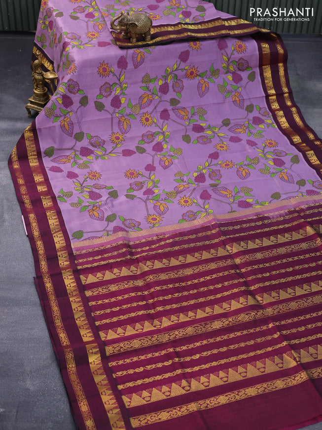 Silk cotton saree lavender shade and wine shade with allover prints and rettapet zari woven korvai border