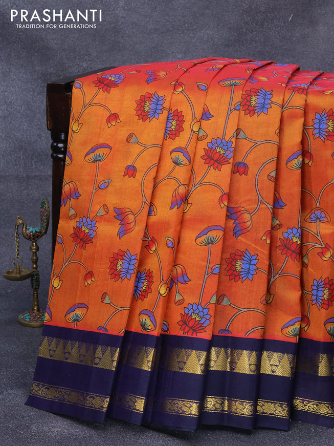 Silk cotton saree sunset orange and dark blue with allover floral prints and rettapet zari woven korvai border