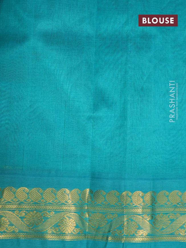 Silk cotton saree dark blue and teal green with allover prints and paisley zari woven korvai border