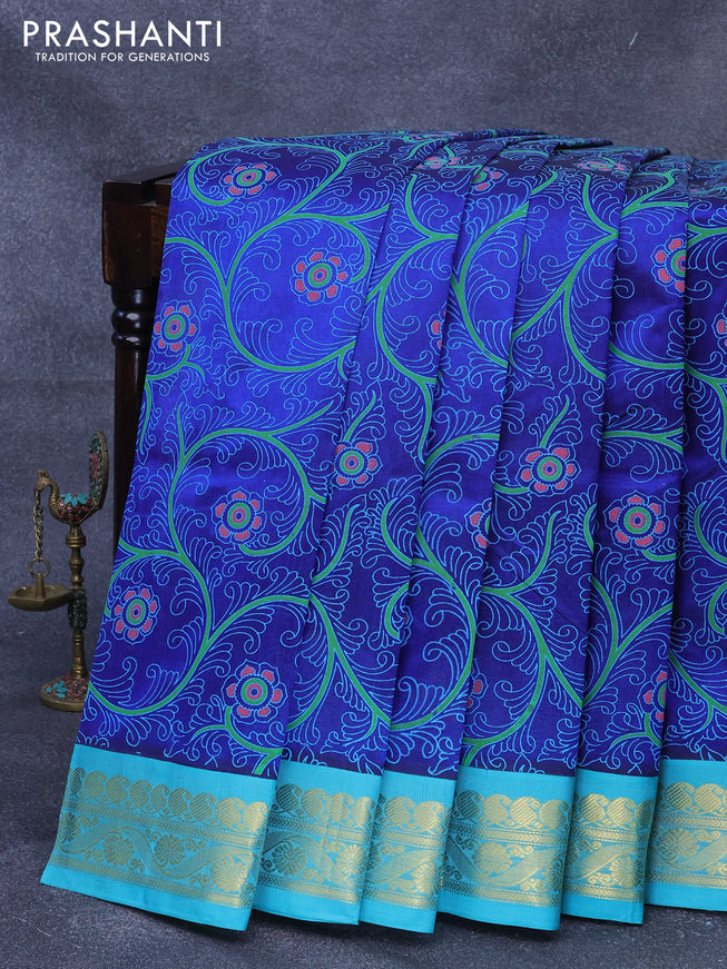 Silk cotton saree blue and teal green with allover kalamkari prints and paisley zari woven korvai border