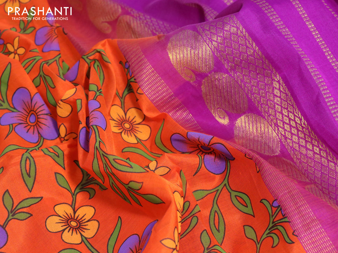 Silk cotton saree orange and purple with allover floral prints and paisley zari woven korvai border