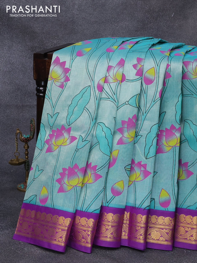 Silk cotton saree teal green and purple with allover pichwai prints and zari woven korvai border