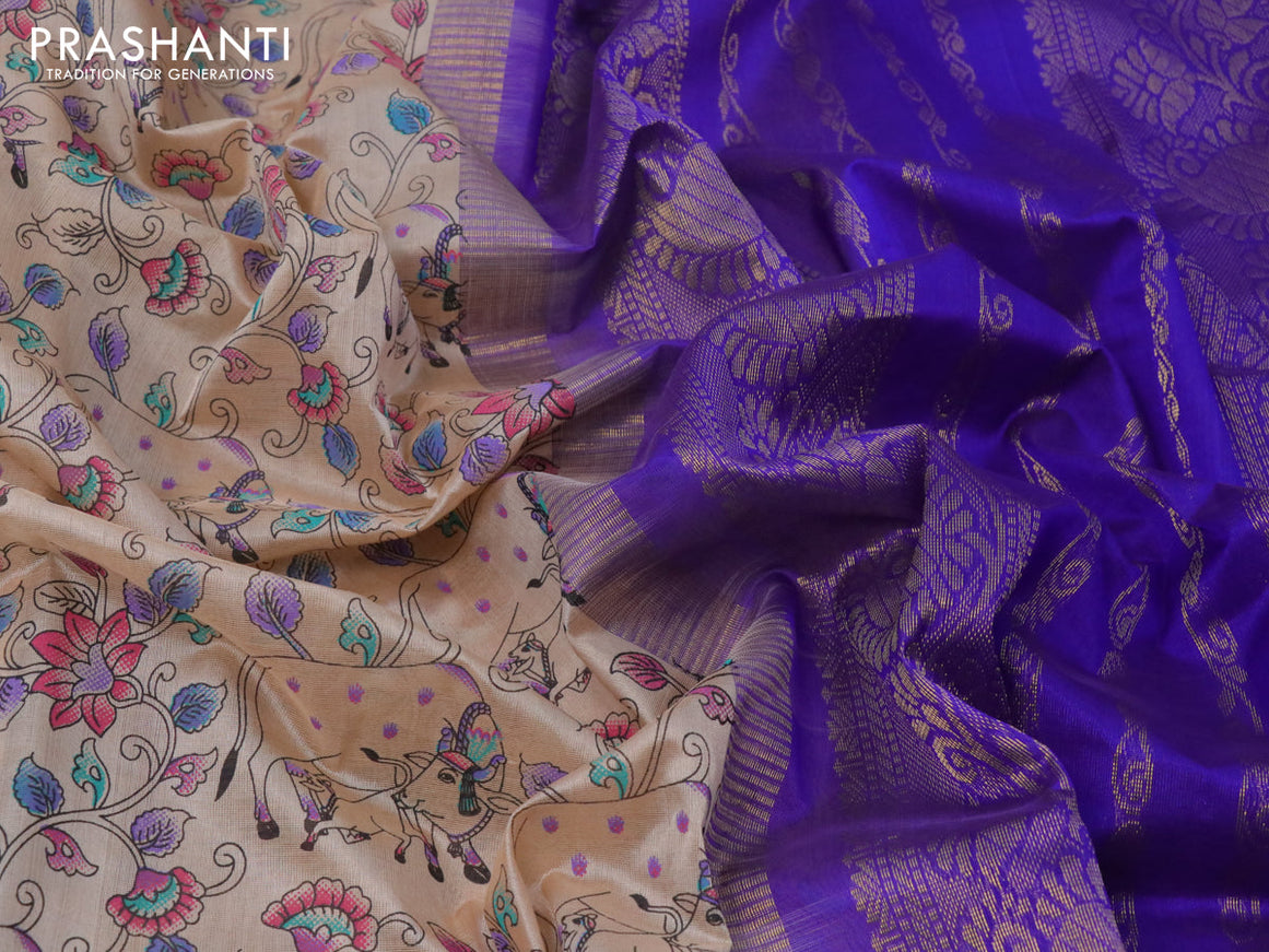 Silk cotton saree sandal and violet with allover pichwai prints and zari woven korvai border