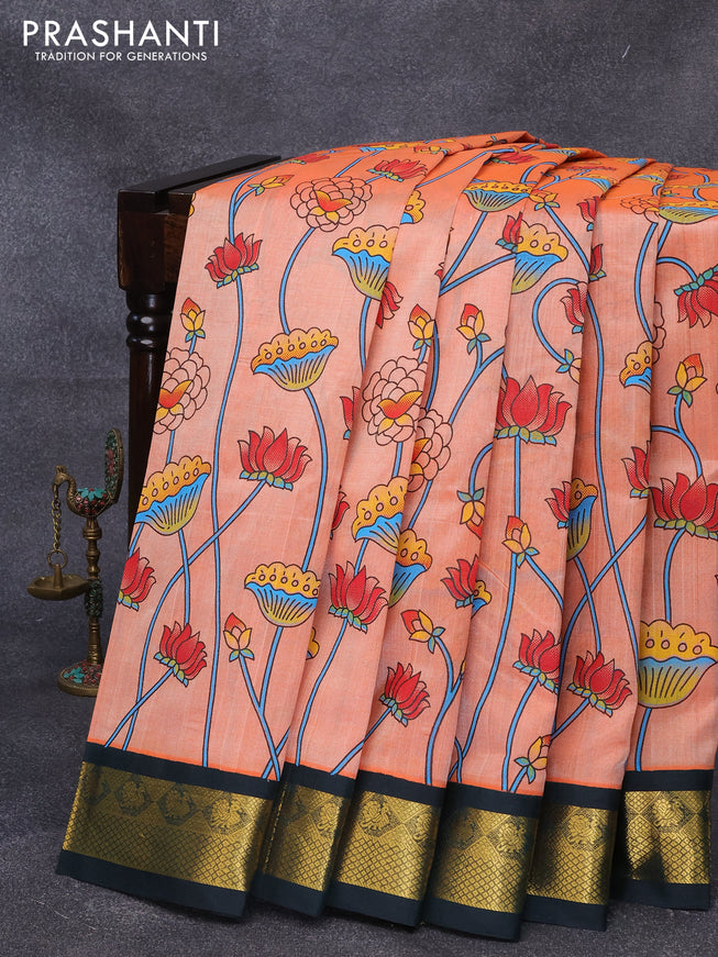 Silk cotton saree peach orange and dark green with allover pichwai prints and zari woven korvai border