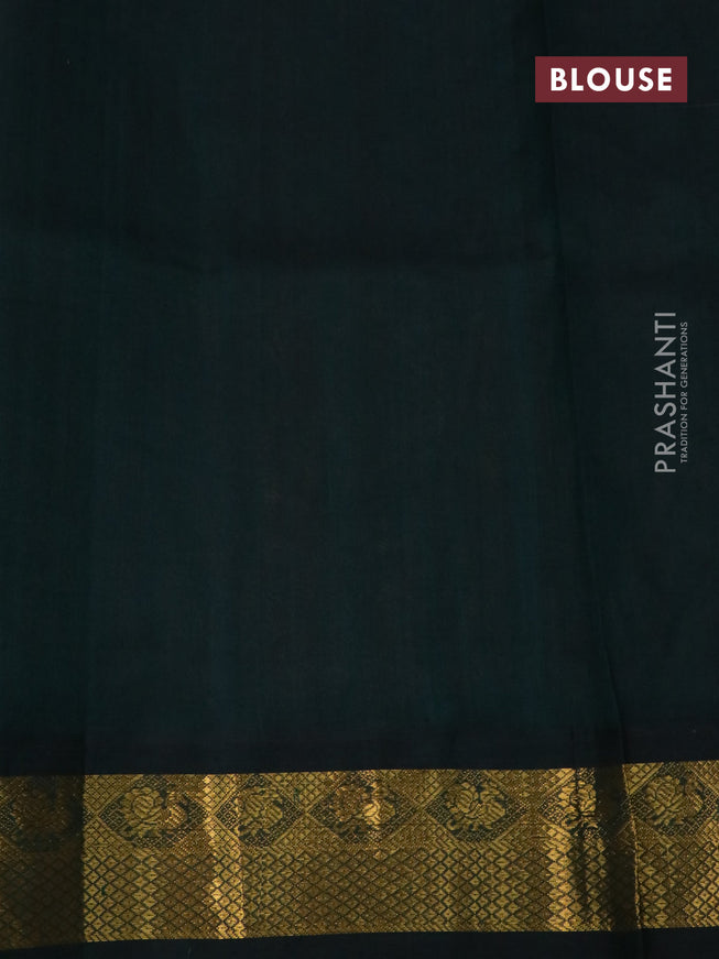 Silk cotton saree peach orange and dark green with allover pichwai prints and zari woven korvai border