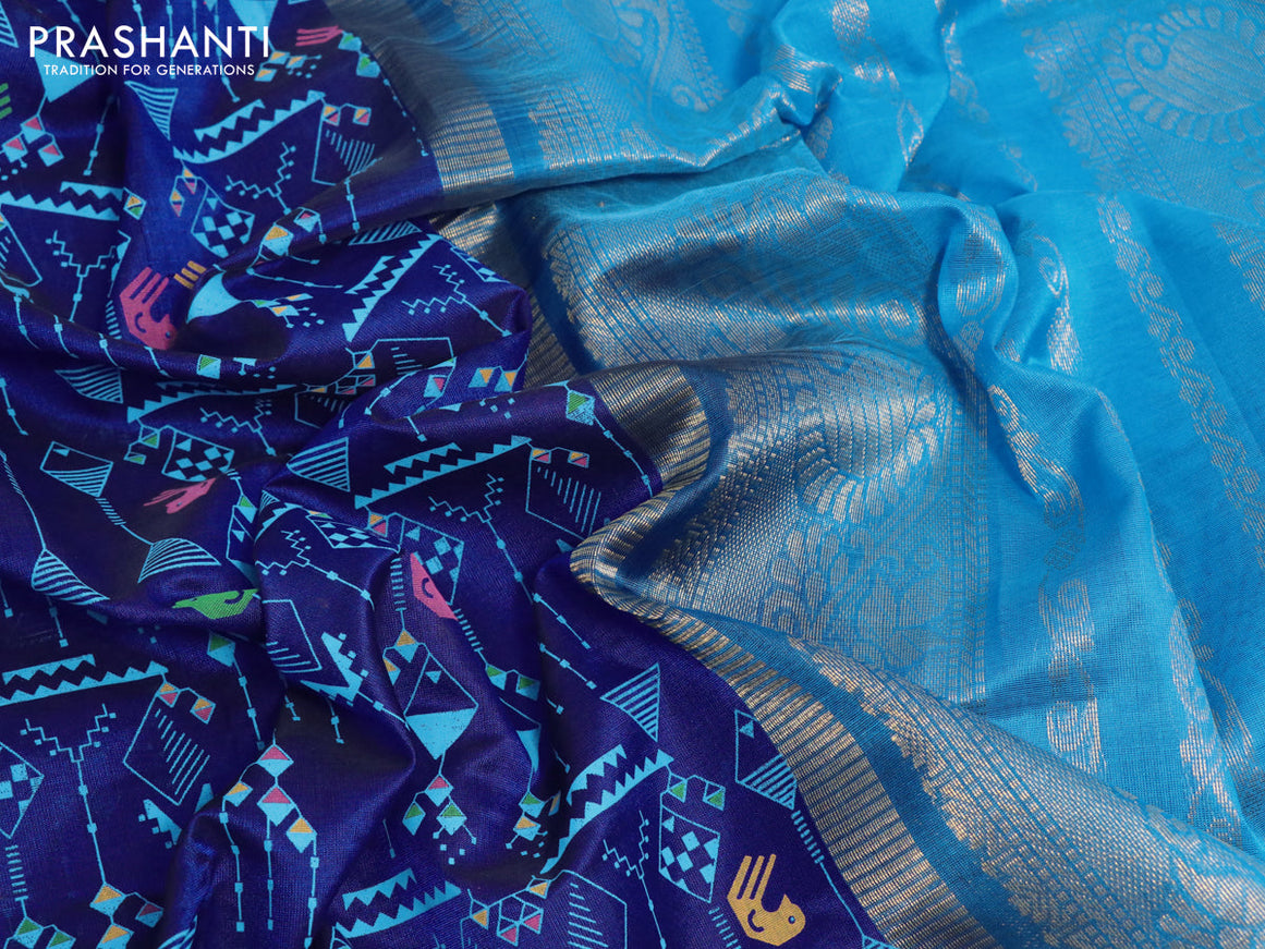 Silk cotton saree blue and cs blue with allover prints and zari woven korvai border