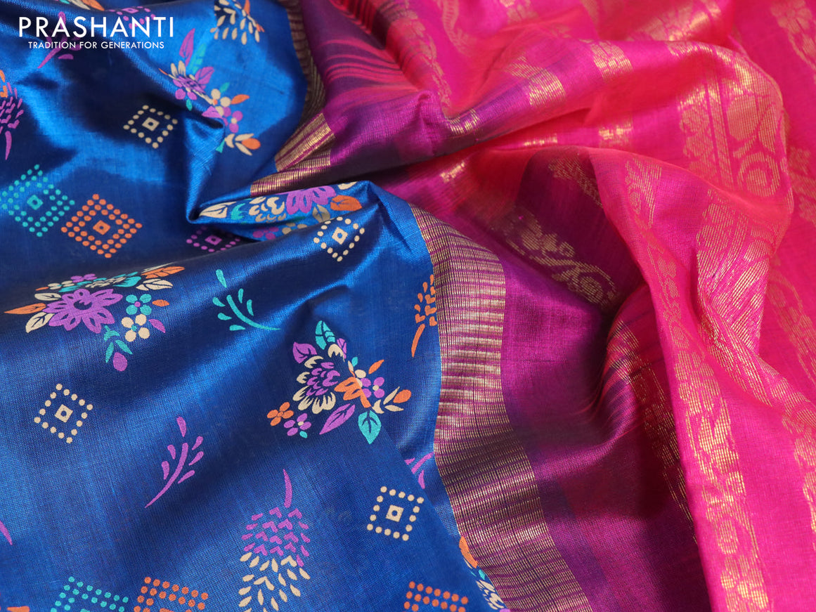 Silk cotton saree cs blue and pink with allover floral prints and zari woven korvai border