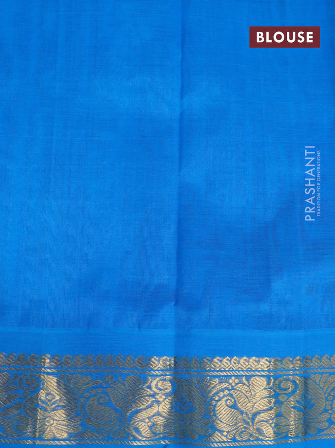 Silk cotton saree light green and cs blue with allover pichwai prints and zari woven korvai border