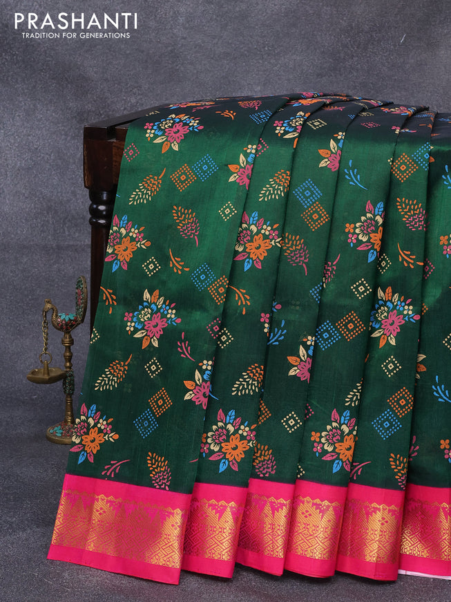 Silk cotton saree green and pink with allover floral prints and zari woven korvai border